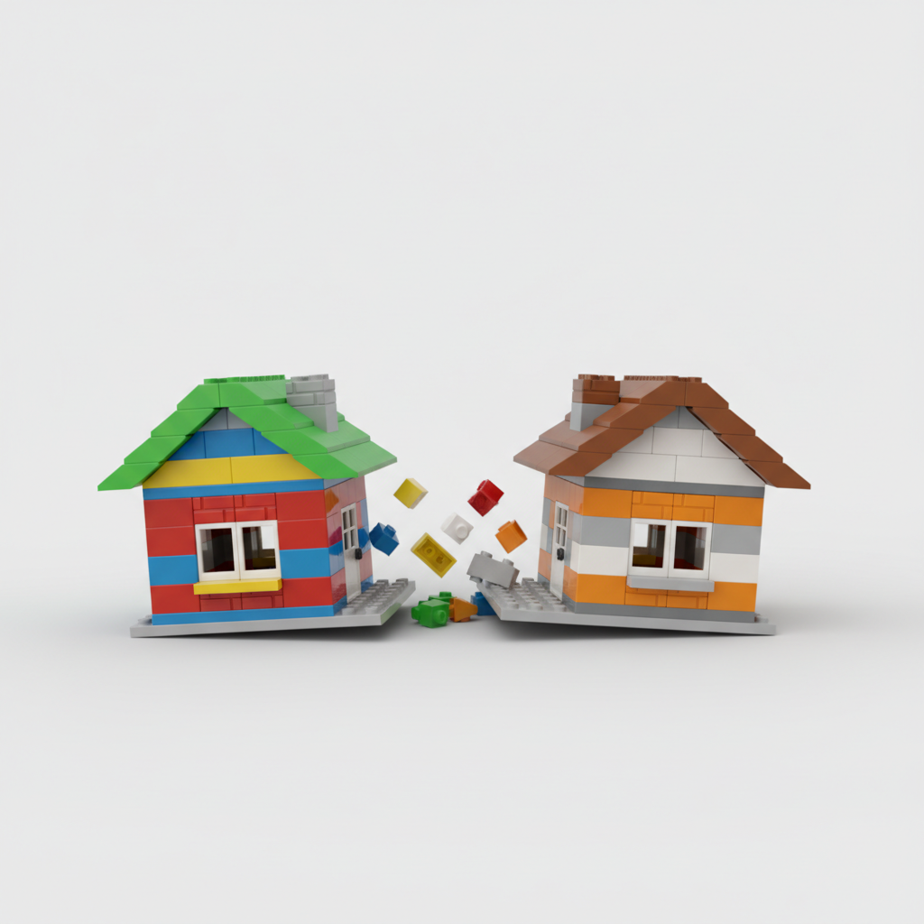 Dos casas de Lego separándose en fondos neutros, sin logos ni marcas visibles