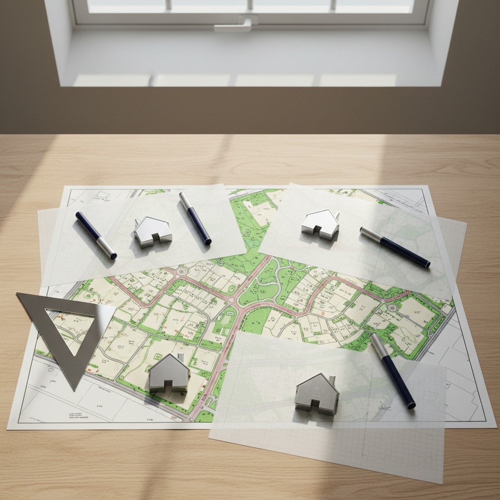 Diseño urbano en cartas con elementos dibujados.