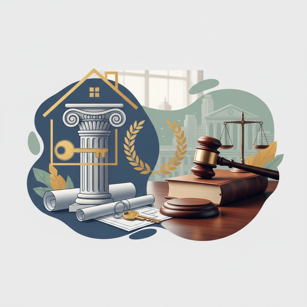 La imagen muestra un principio de construcción, un palacio judicial y un anillo de llave.